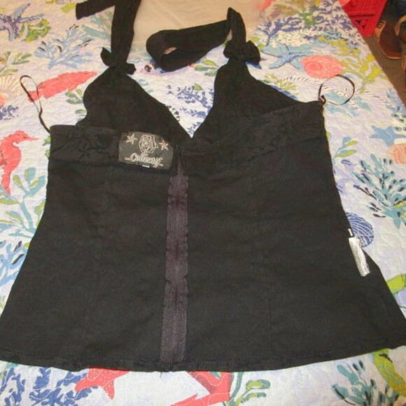 Vintage Y2K Flocked Velvet Halter Top Size M Skulls Bows Pin Up Rockabilly Vamp - Picture 12 of 12